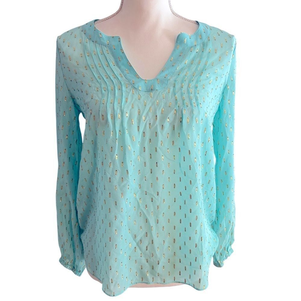 Lilly Pulitzer Silk Sheer Long Sleeve Blouse Gold Bling Size XS